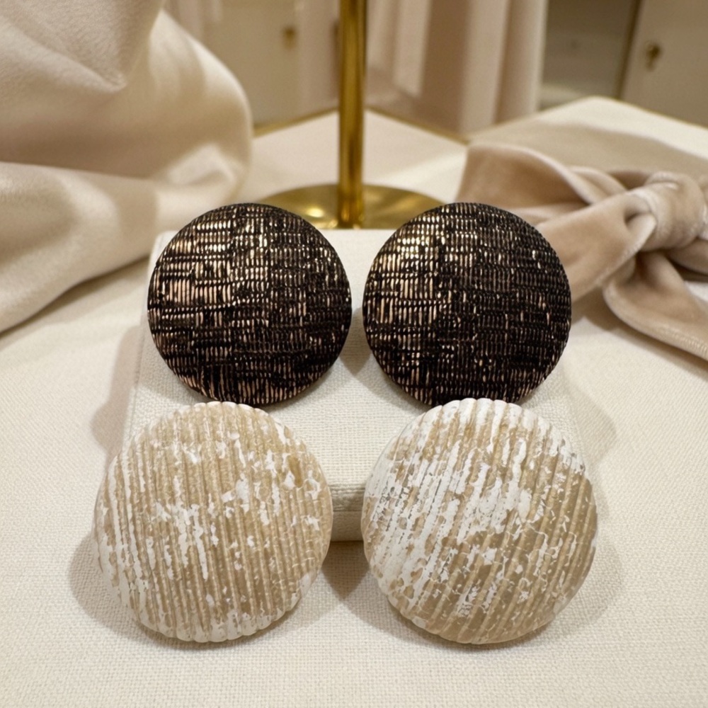 Vintage Lot of 2 Stamped ATTITUDE PARIS Round Button Clip on Earrings Brown